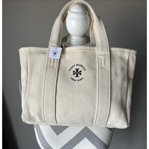 NWT TORY BURCH Small Mini Mercer Canvas Tote Bag in Neutral Cream - Picture 5 of 11